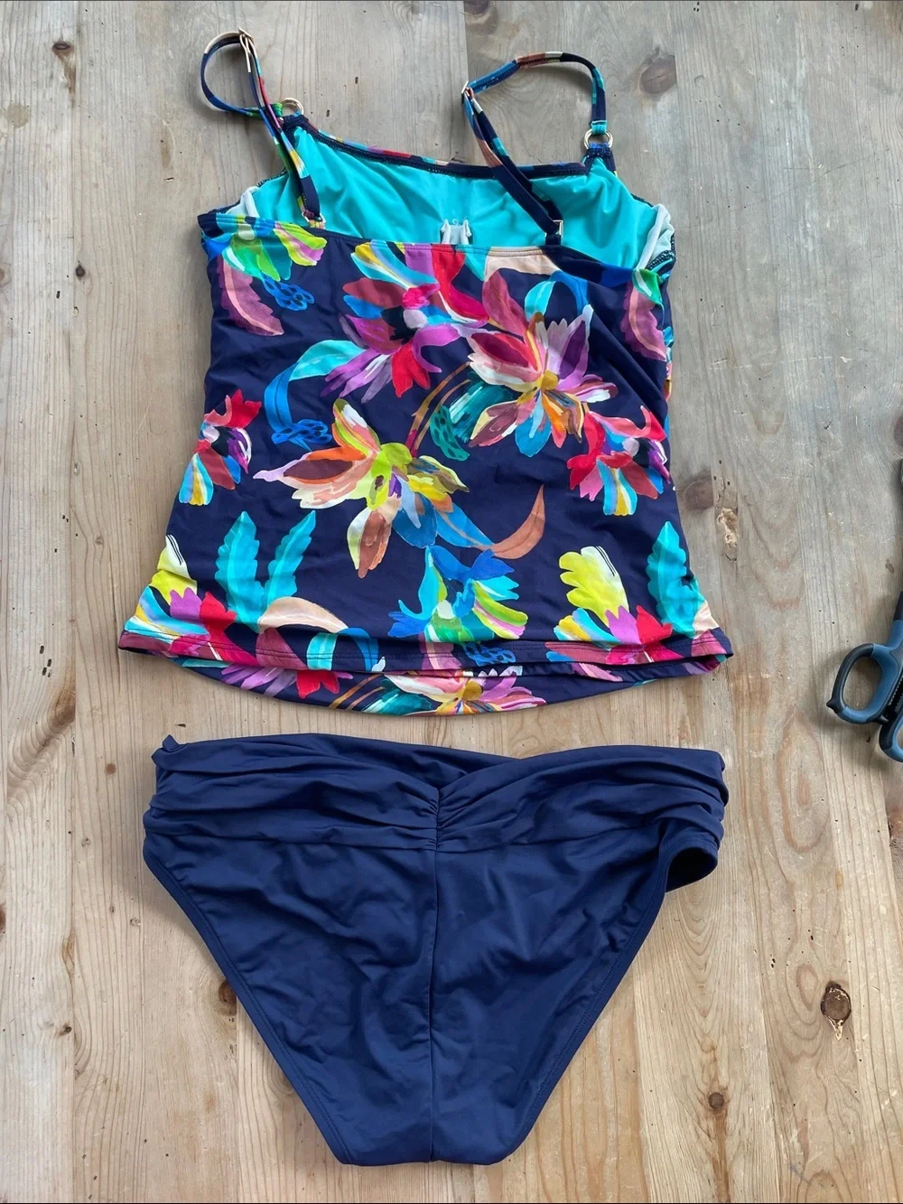 La Blanca Size 10 Floral Tankini Set  Banded Bikini Bottoms Navy Tropical Swim